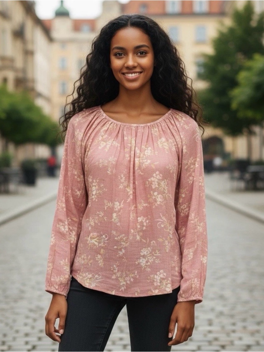 Women’s Chaps Dusty Rose Floral Long-Sleeve Peasant Top Sz S Blouse